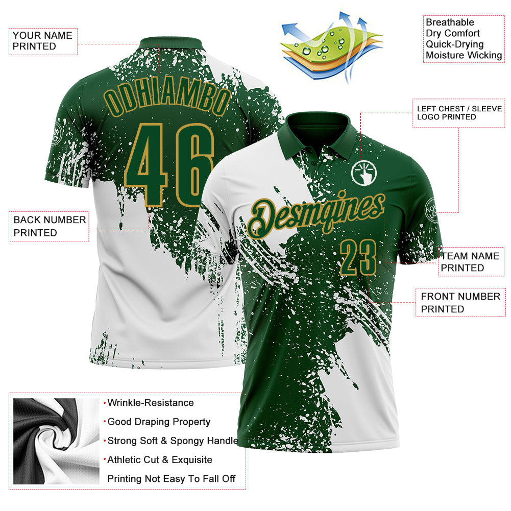 Custom White Green-Old Gold 3D Pattern Design Abstract Brush Stroke Performance Polo Shirt