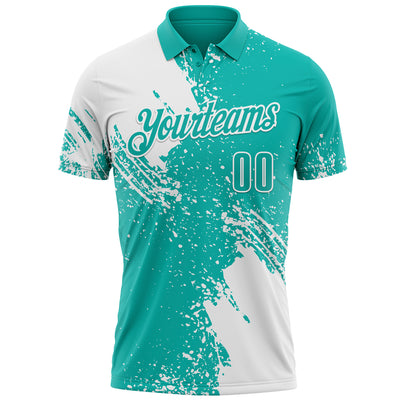 Custom White Aqua 3D Pattern Design Abstract Brush Stroke Performance Polo Shirt