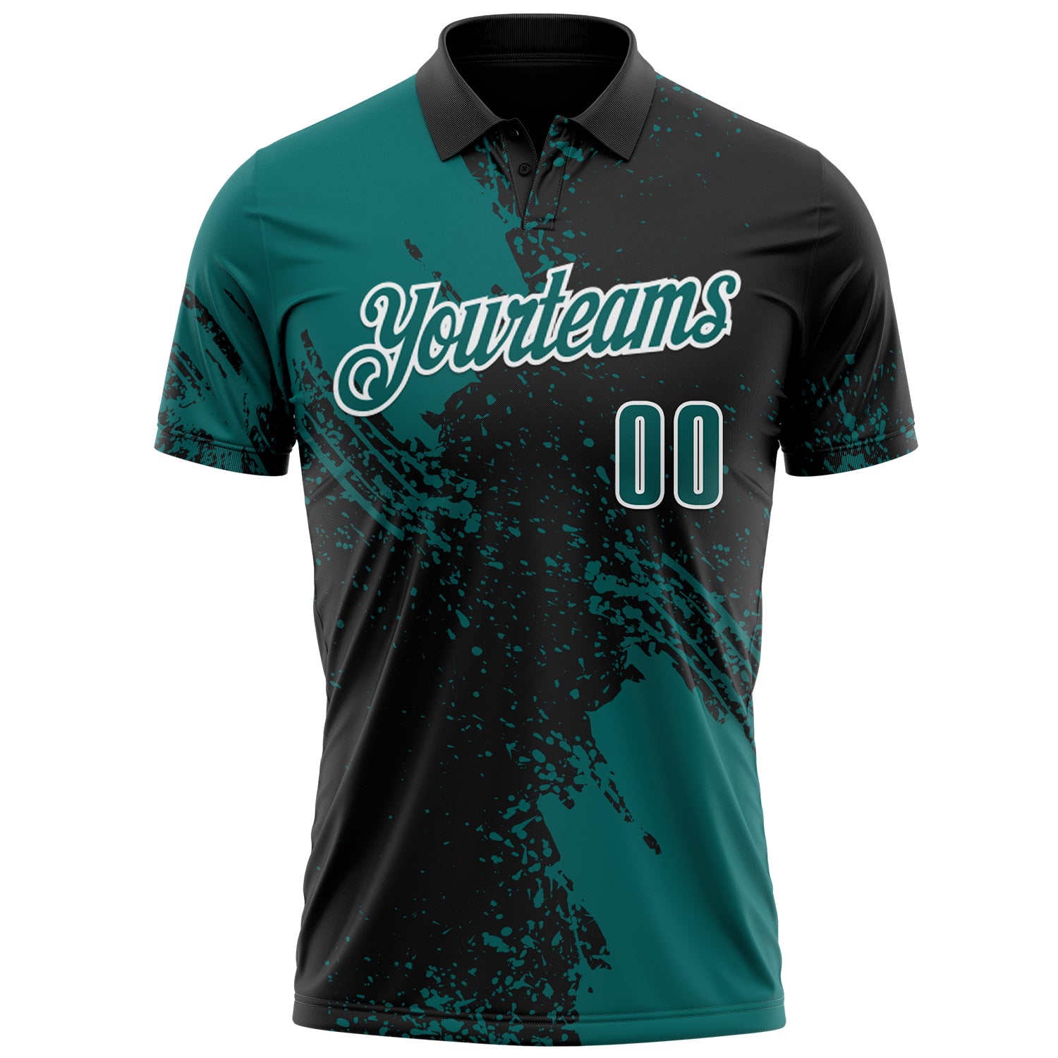 Custom Teal Black-White 3D Pattern Design Abstract Brush Stroke Performance Polo Shirt