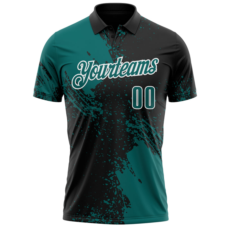 Custom Teal Black-White 3D Pattern Design Abstract Brush Stroke Performance Polo Shirt