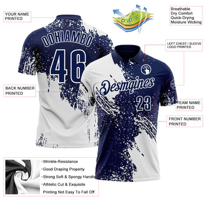 Custom White Navy 3D Pattern Design Abstract Brush Stroke Performance Polo Shirt