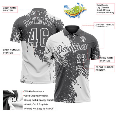 Custom White Steel Gray 3D Pattern Design Abstract Brush Stroke Performance Polo Shirt