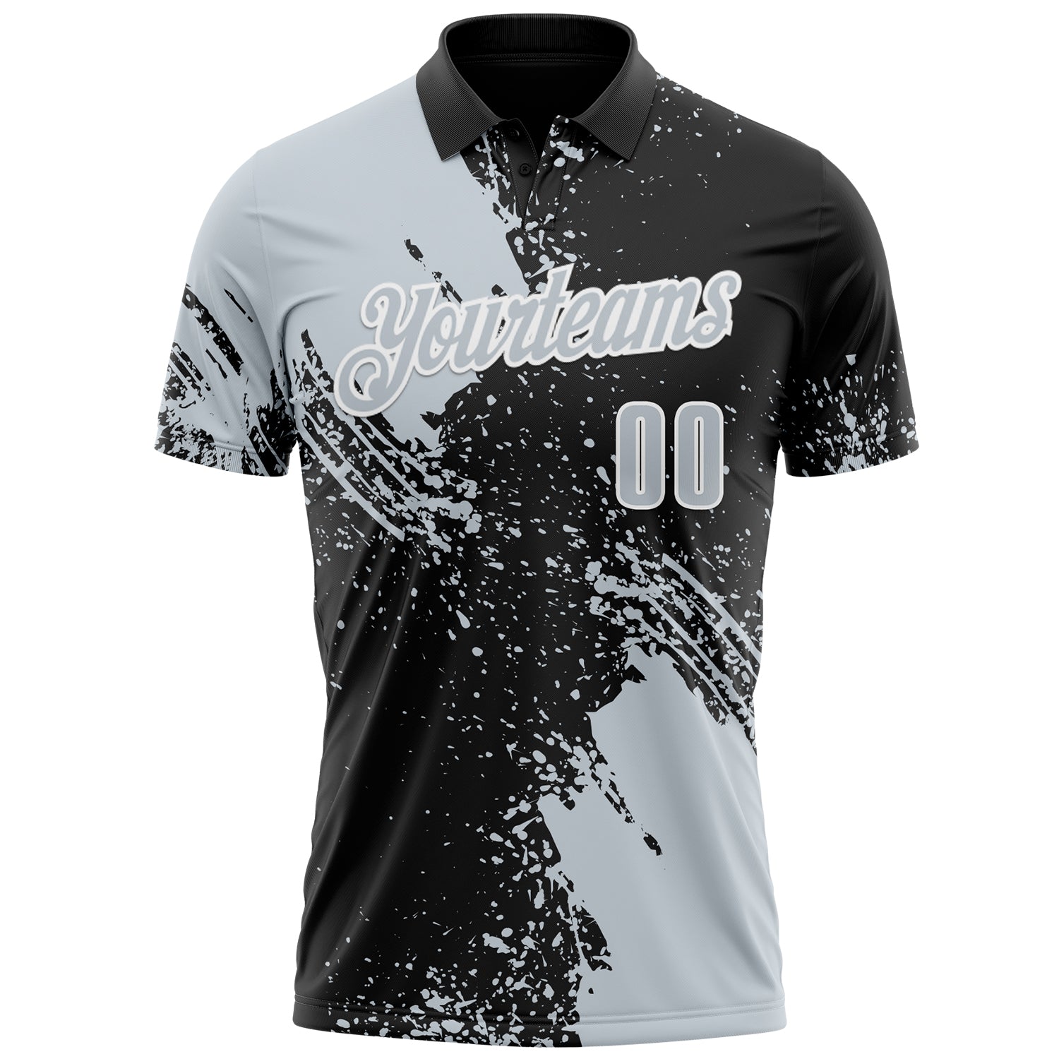 Custom Silver Black-White 3D Pattern Design Abstract Brush Stroke Performance Polo Shirt