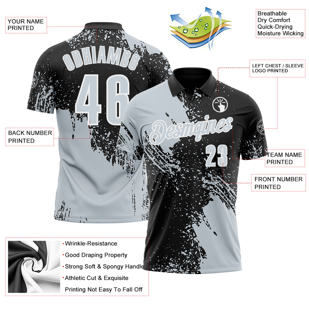 Custom Silver Black-White 3D Pattern Design Abstract Brush Stroke Performance Polo Shirt