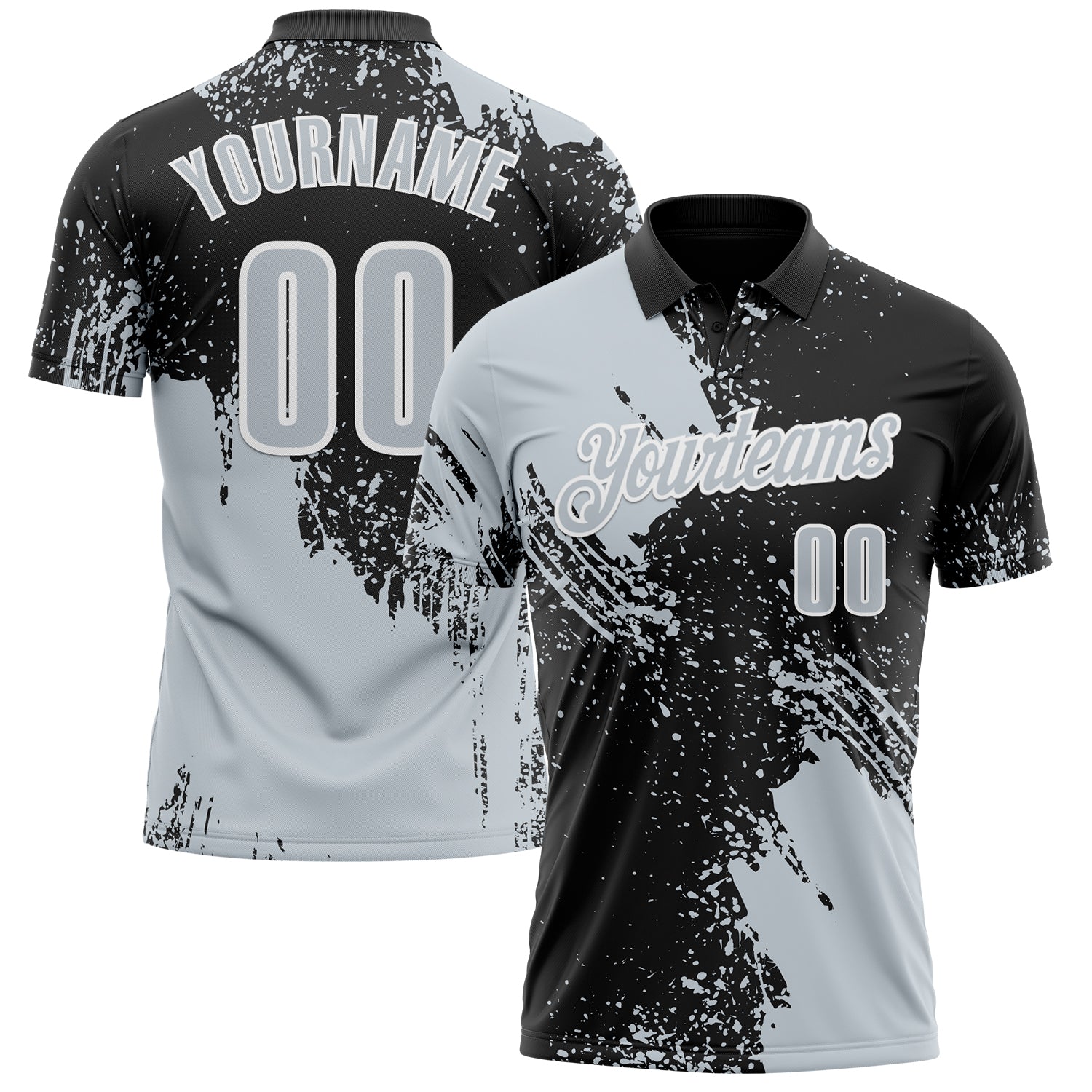 Custom Silver Black-White 3D Pattern Design Abstract Brush Stroke Performance Polo Shirt