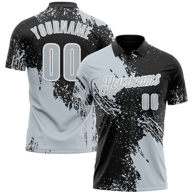 Custom Silver Black-White 3D Pattern Design Abstract Brush Stroke Performance Polo Shirt