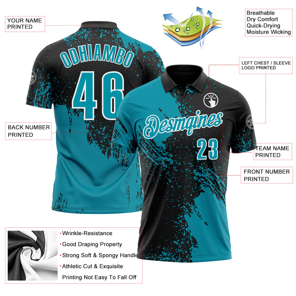 Custom Teal Black-White 3D Pattern Design Abstract Brush Stroke Performance Polo Shirt