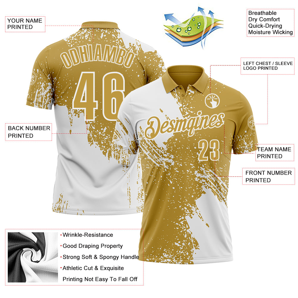 Custom White Old Gold 3D Pattern Design Abstract Brush Stroke Performance Polo Shirt
