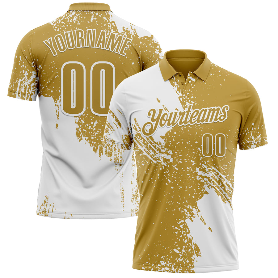 Custom White Old Gold 3D Pattern Design Abstract Brush Stroke Performance Polo Shirt