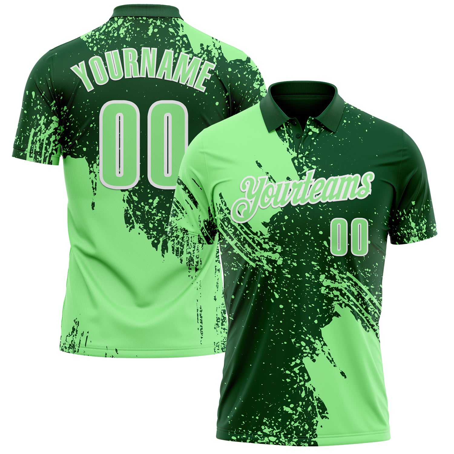 Custom Pea Green Green-White 3D Pattern Design Abstract Brush Stroke Performance Polo Shirt