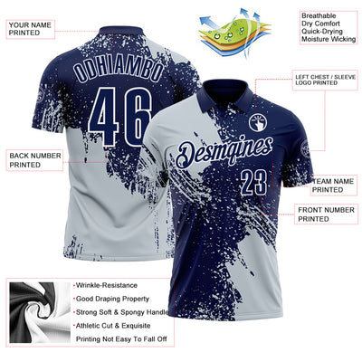 Custom Silver Navy-White 3D Pattern Design Abstract Brush Stroke Performance Polo Shirt