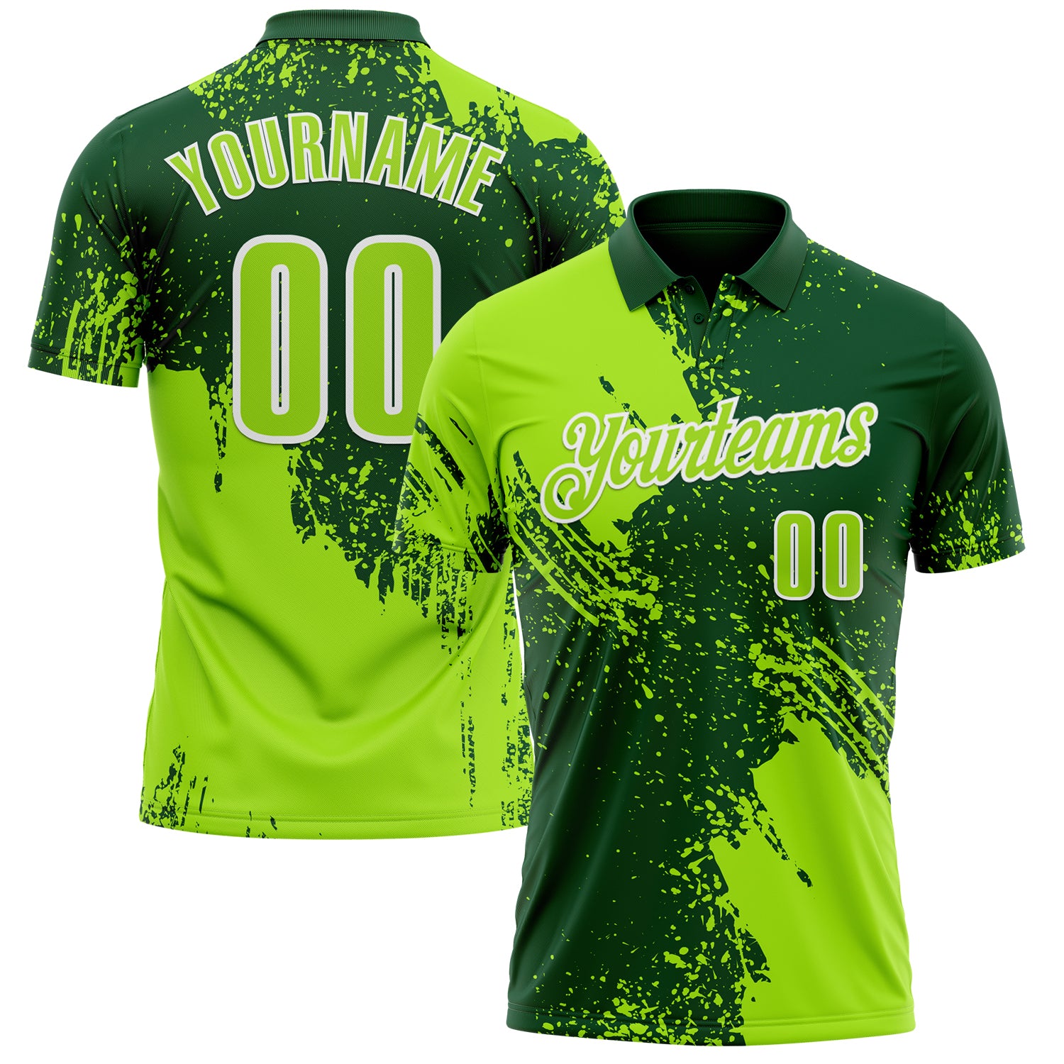 Custom Neon Green Green-White 3D Pattern Design Abstract Brush Stroke Performance Polo Shirt