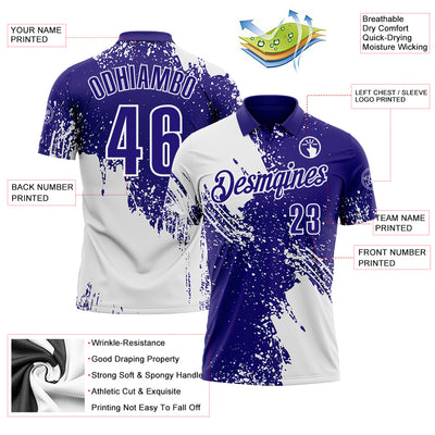 Custom White Dark Purple 3D Pattern Design Abstract Brush Stroke Performance Polo Shirt