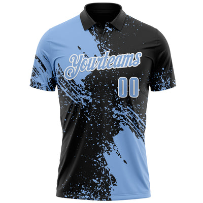 Custom Light Blue Black-White 3D Pattern Design Abstract Brush Stroke Performance Polo Shirt