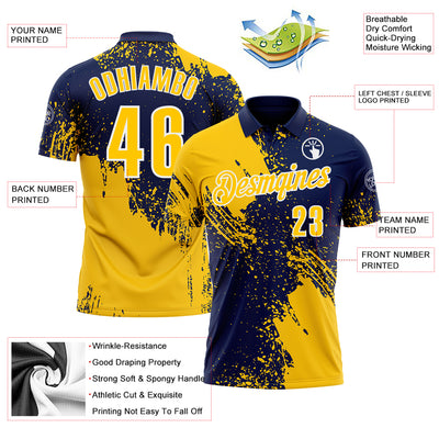 Custom Yellow Navy-White 3D Pattern Design Abstract Brush Stroke Performance Polo Shirt