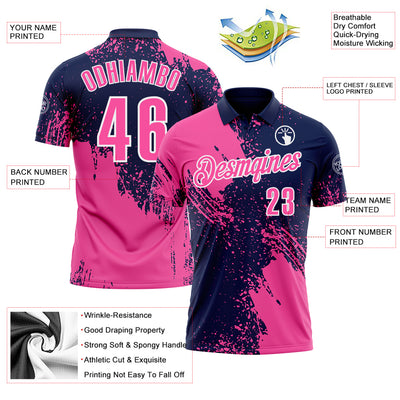 Custom Pink Navy-White 3D Pattern Design Abstract Brush Stroke Performance Polo Shirt