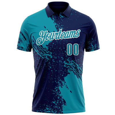 Custom Teal Navy-White 3D Pattern Design Abstract Brush Stroke Performance Polo Shirt
