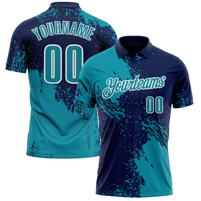 Custom Teal Navy-White 3D Pattern Design Abstract Brush Stroke Performance Polo Shirt