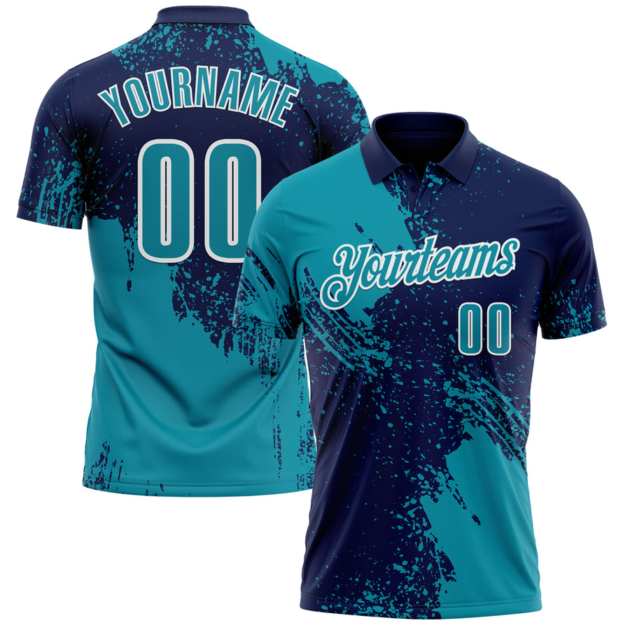 Custom Teal Navy-White 3D Pattern Design Abstract Brush Stroke Performance Polo Shirt