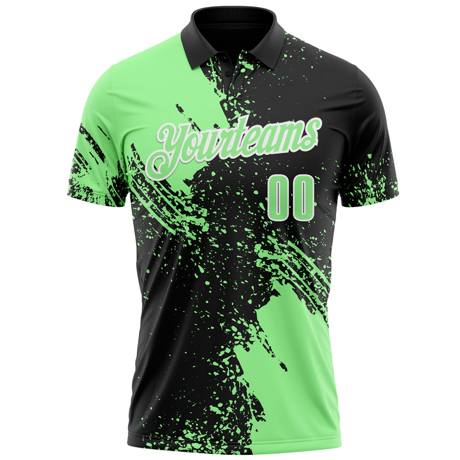 Custom Pea Green Black-White 3D Pattern Design Abstract Brush Stroke Performance Polo Shirt