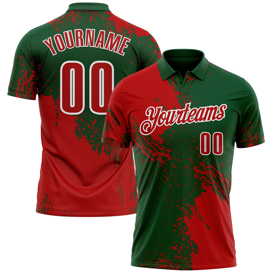 Custom Red Green-White 3D Pattern Design Abstract Brush Stroke Performance Polo Shirt