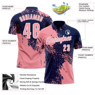 Custom Medium Pink Navy-White 3D Pattern Design Abstract Brush Stroke Performance Polo Shirt