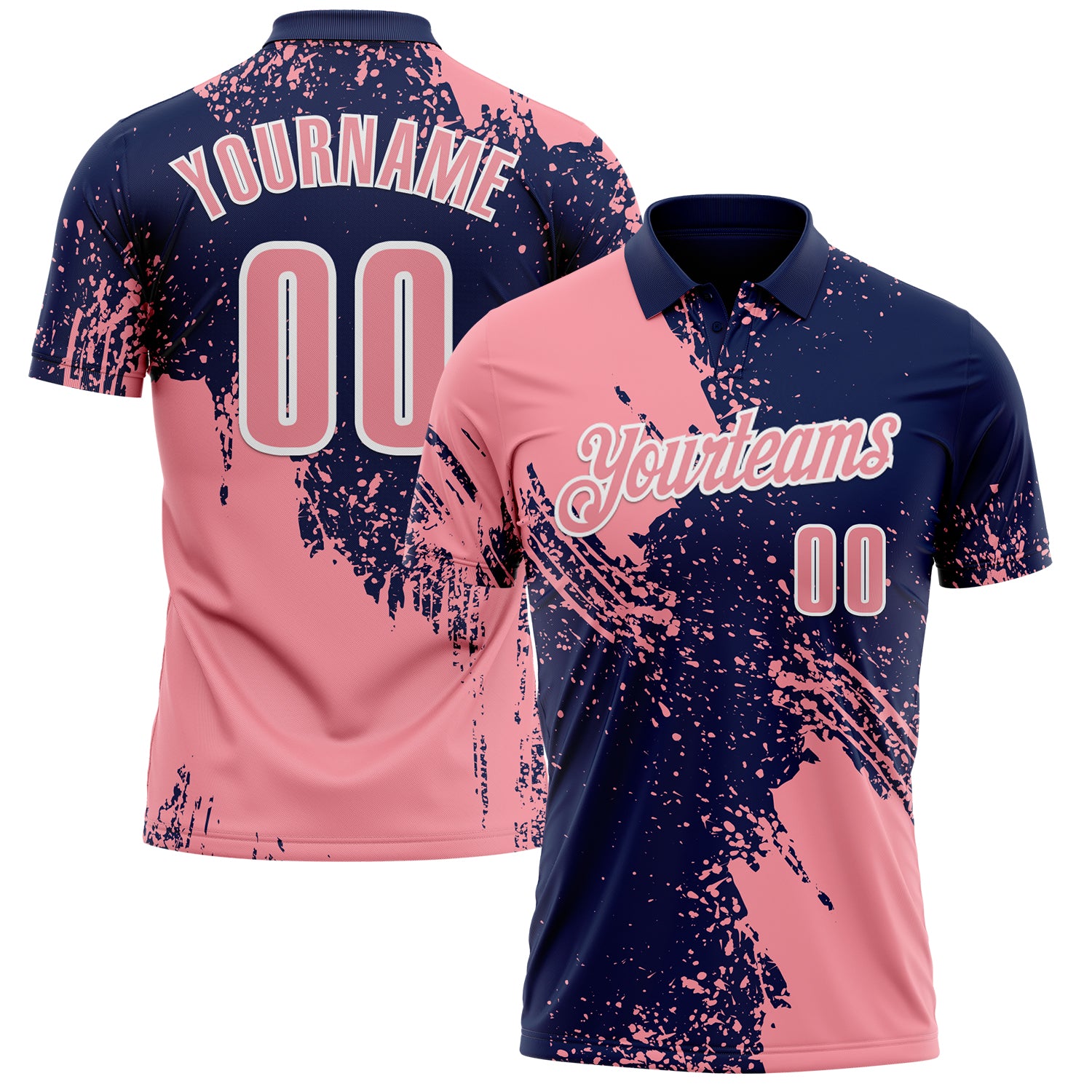 Custom Medium Pink Navy-White 3D Pattern Design Abstract Brush Stroke Performance Polo Shirt