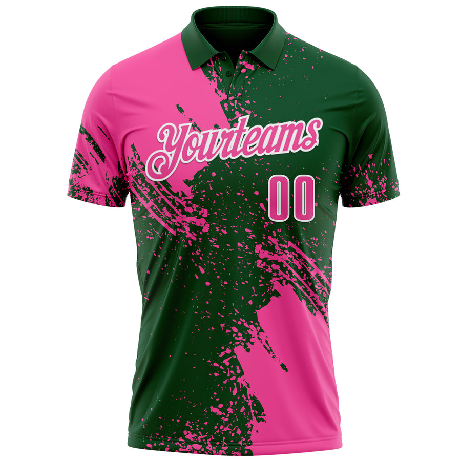 Custom Pink Green-White 3D Pattern Design Abstract Brush Stroke Performance Polo Shirt