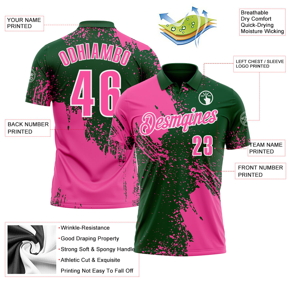 Custom Pink Green-White 3D Pattern Design Abstract Brush Stroke Performance Polo Shirt