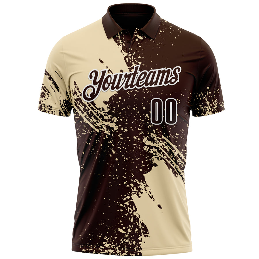 Custom Cream Brown-White 3D Pattern Design Abstract Brush Stroke Performance Polo Shirt