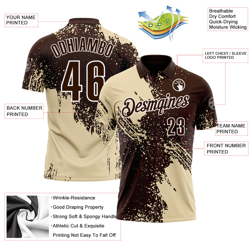 Custom Cream Brown-White 3D Pattern Design Abstract Brush Stroke Performance Polo Shirt