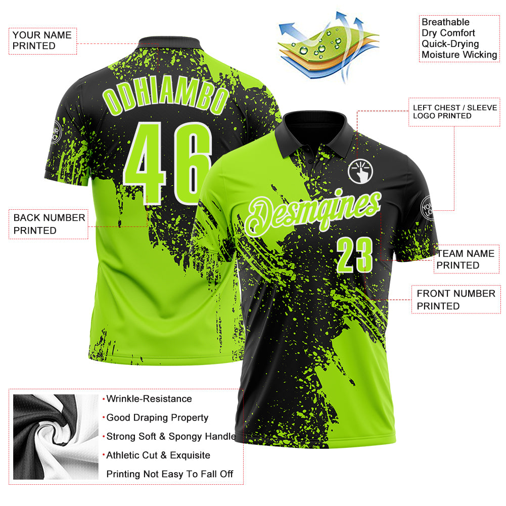 Custom Neon Green Black-White 3D Pattern Design Abstract Brush Stroke Performance Polo Shirt