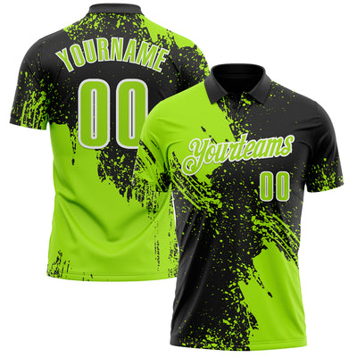 Custom Neon Green Black-White 3D Pattern Design Abstract Brush Stroke Performance Polo Shirt