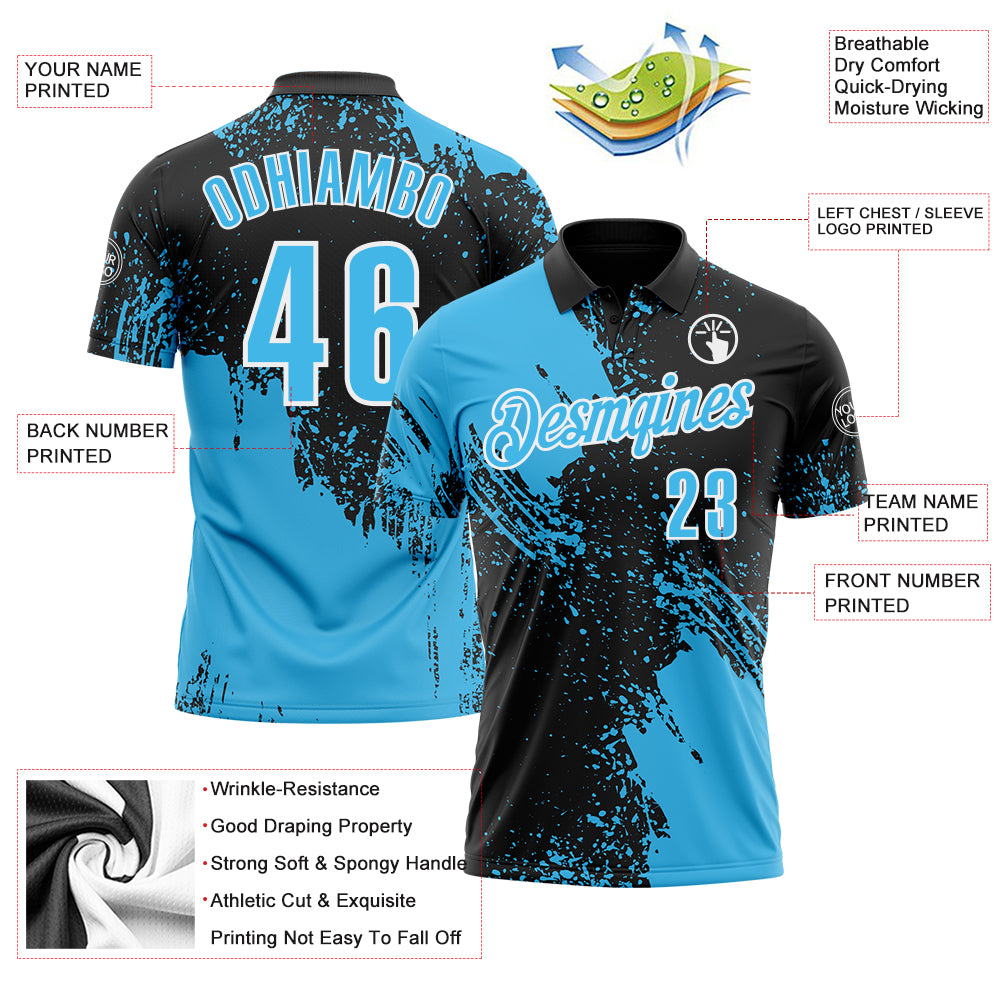 Custom Sky Blue Black-White 3D Pattern Design Abstract Brush Stroke Performance Polo Shirt