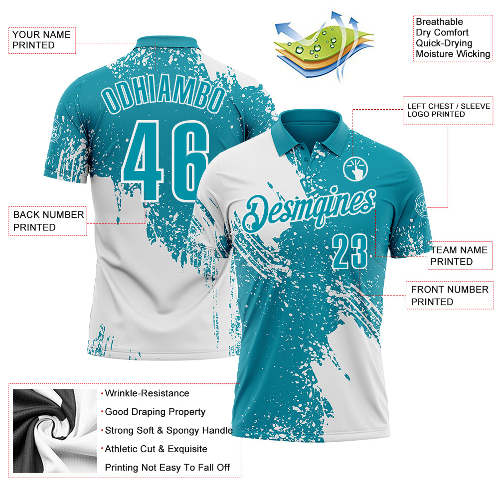Custom White Teal 3D Pattern Design Abstract Brush Stroke Performance Polo Shirt