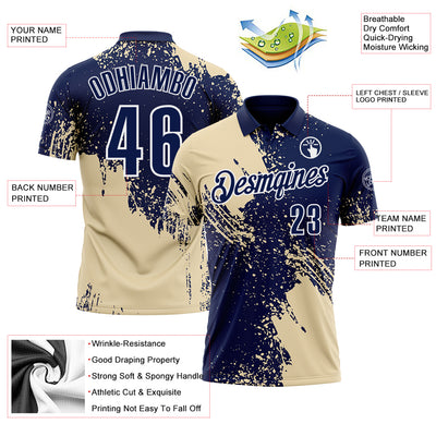 Custom Cream Navy-White 3D Pattern Design Abstract Brush Stroke Performance Polo Shirt