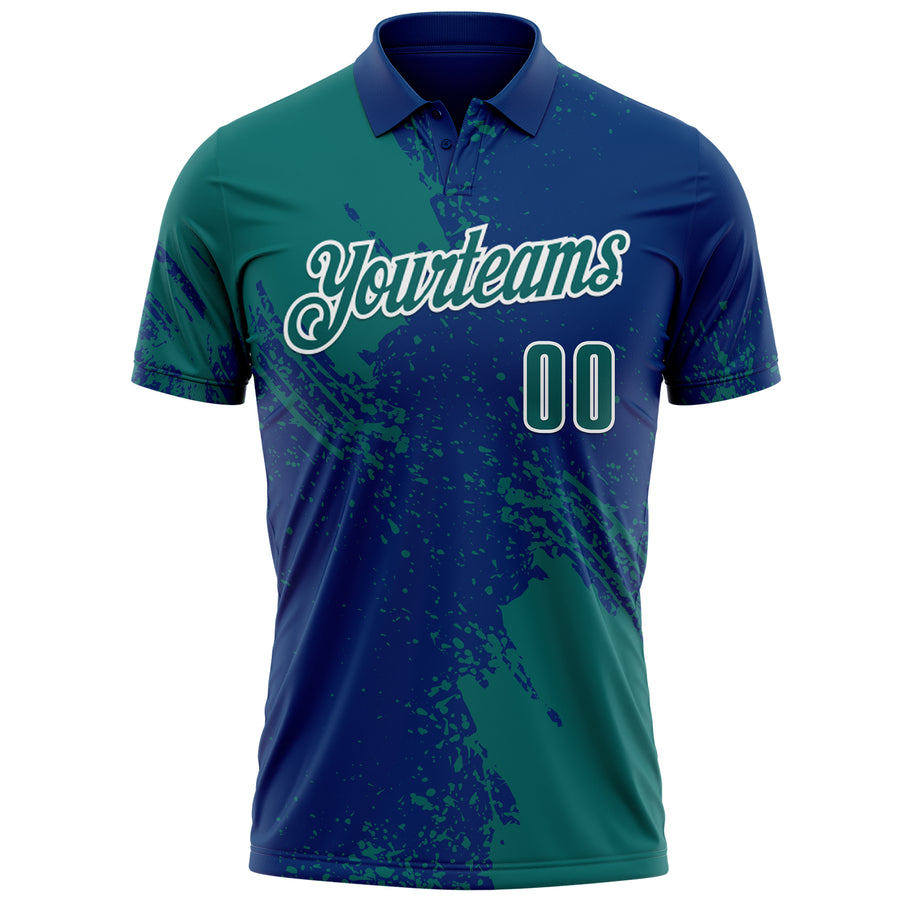 Custom Teal US Navy Blue-White 3D Pattern Design Abstract Brush Stroke Performance Polo Shirt