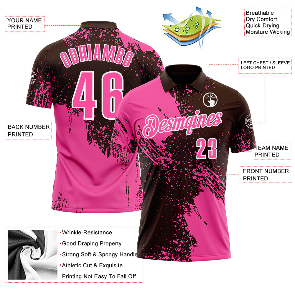 Custom Pink Brown-White 3D Pattern Design Abstract Brush Stroke Performance Polo Shirt