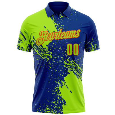 Custom Neon Green Royal-Orange 3D Pattern Design Abstract Brush Stroke Performance Polo Shirt