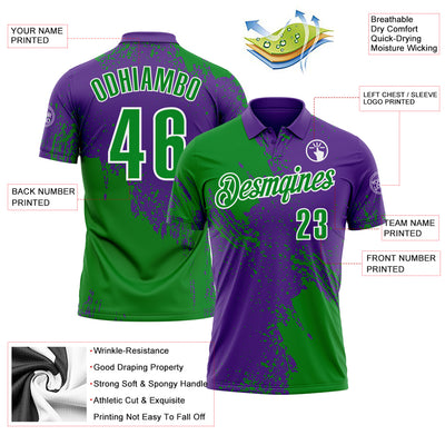 Custom Grass Green Purple-White 3D Pattern Design Abstract Brush Stroke Performance Polo Shirt