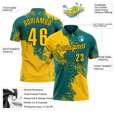 Custom Yellow Teal-Black 3D Pattern Design Abstract Brush Stroke Performance Polo Shirt