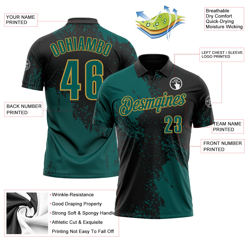 Custom Midnight Green Black-Old Gold 3D Pattern Design Abstract Brush Stroke Performance Polo Shirt