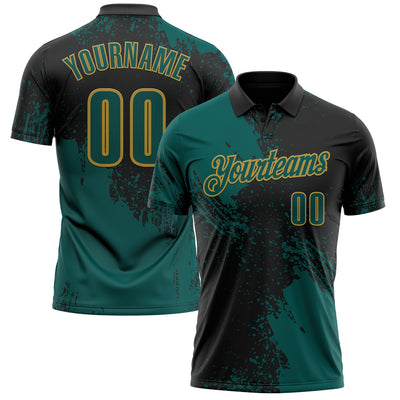 Custom Midnight Green Black-Old Gold 3D Pattern Design Abstract Brush Stroke Performance Polo Shirt
