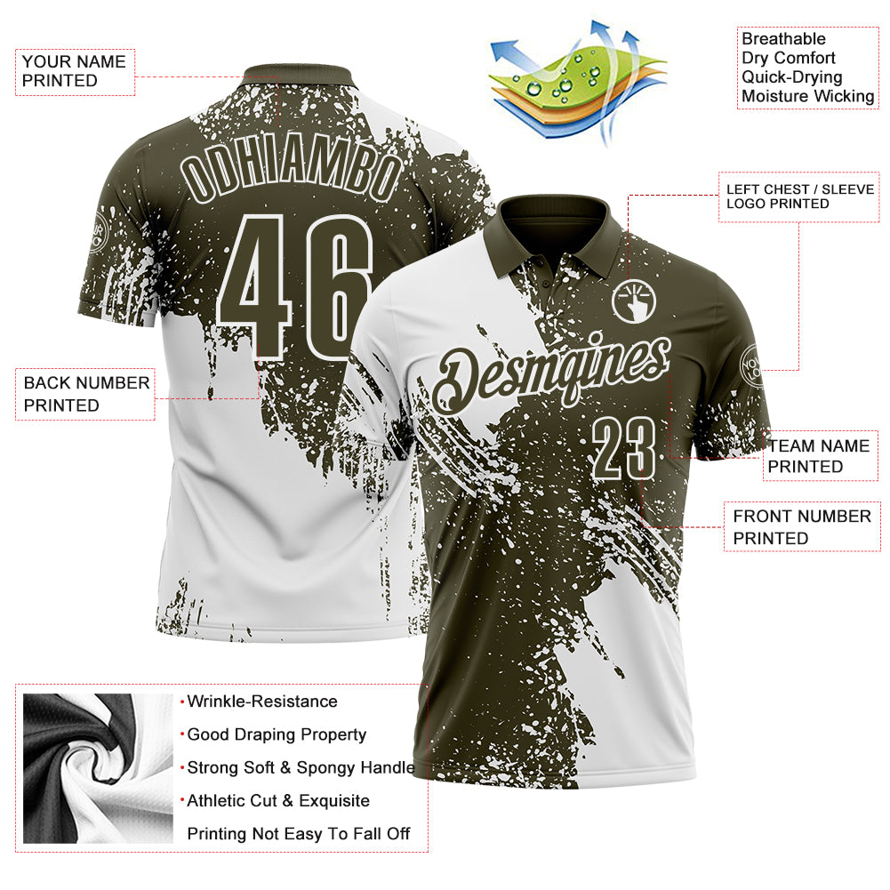 Custom White Olive 3D Pattern Design Abstract Brush Stroke Performance Polo Shirt