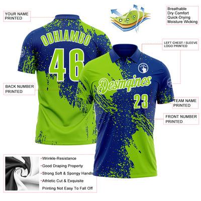 Custom Neon Green Royal-White 3D Pattern Design Abstract Brush Stroke Performance Polo Shirt