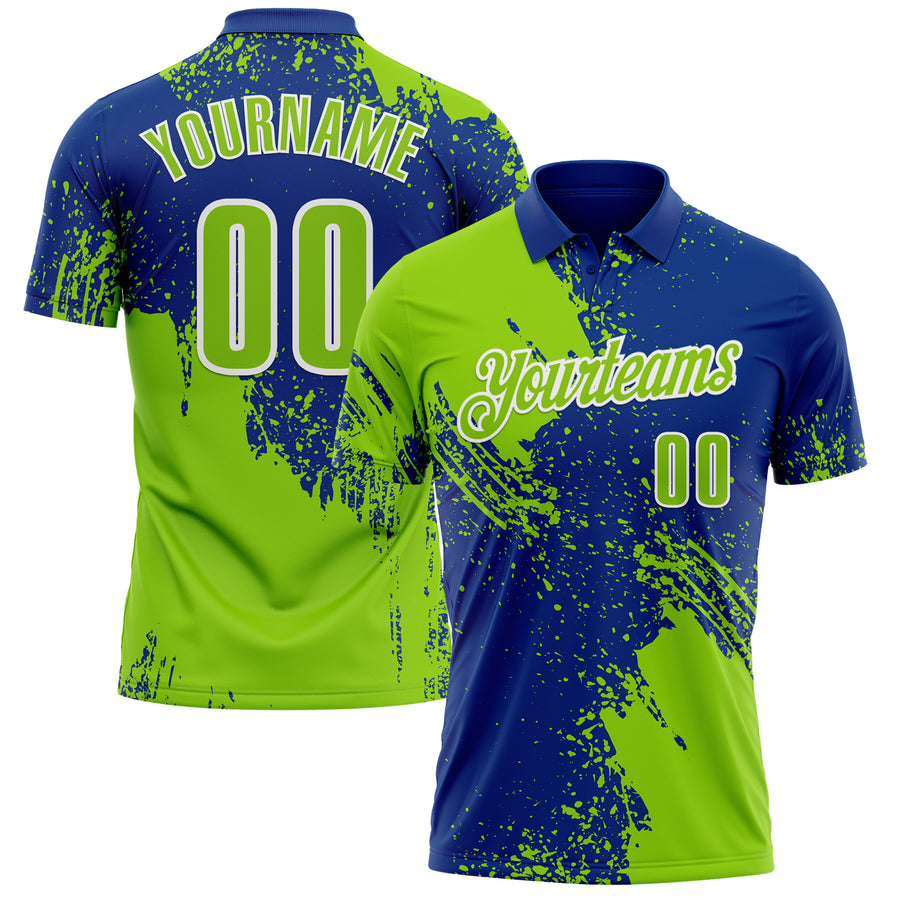 Custom Neon Green Royal-White 3D Pattern Design Abstract Brush Stroke Performance Polo Shirt