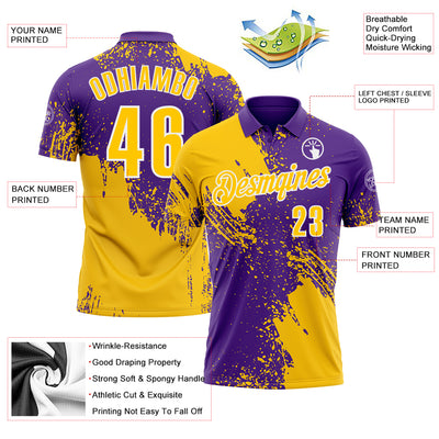 Custom Yellow Purple-White 3D Pattern Design Abstract Brush Stroke Performance Polo Shirt