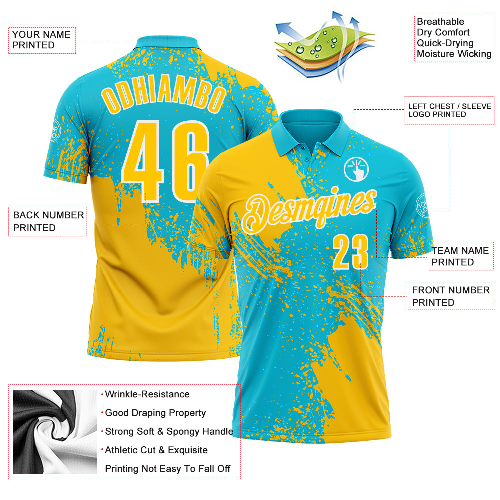 Custom Yellow Lakes Blue-White 3D Pattern Design Abstract Brush Stroke Performance Polo Shirt