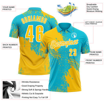 Custom Yellow Lakes Blue-White 3D Pattern Design Abstract Brush Stroke Performance Polo Shirt
