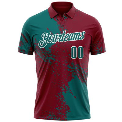 Custom Teal Crimson-White 3D Pattern Design Abstract Brush Stroke Performance Polo Shirt